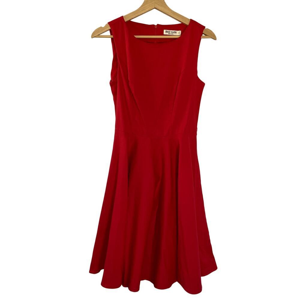 Grace Karin bright red dress knee length circle skirt cotton‎ size XS vintage